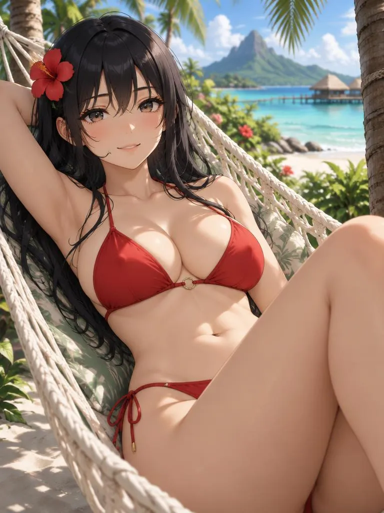 Akira relaxing in a hammock under palm trees