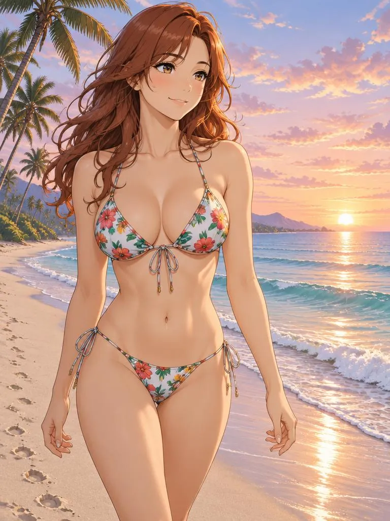 Mei walking on a palm beach at sunrise